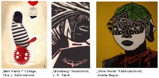 Arbeiten zur Ausstellung "Das, was uns innewohnt. Drei Frauen, drei künstlerische Ausdrucksformen" von Anette Bogun, Tina von Schmöckwitz und L. R. Tesch
