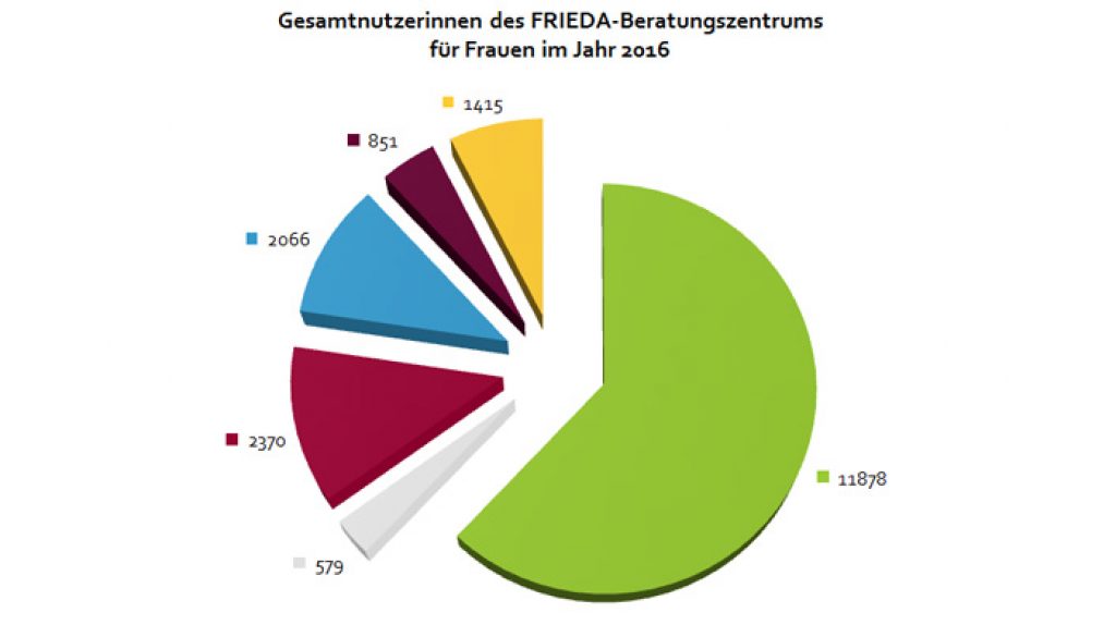 Statistik: Kreisdiagramm der Gesamtnutzerinnen des FRIEDA-Beratungszentrums für Frauen im Jahr 2016