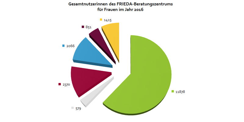 Statistik: Kreisdiagramm der Gesamtnutzerinnen des FRIEDA-Beratungszentrums für Frauen im Jahr 2016